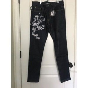 NO COUNTRY Men's Floral Print Straight Leg Denim Jeans Blue Size 34